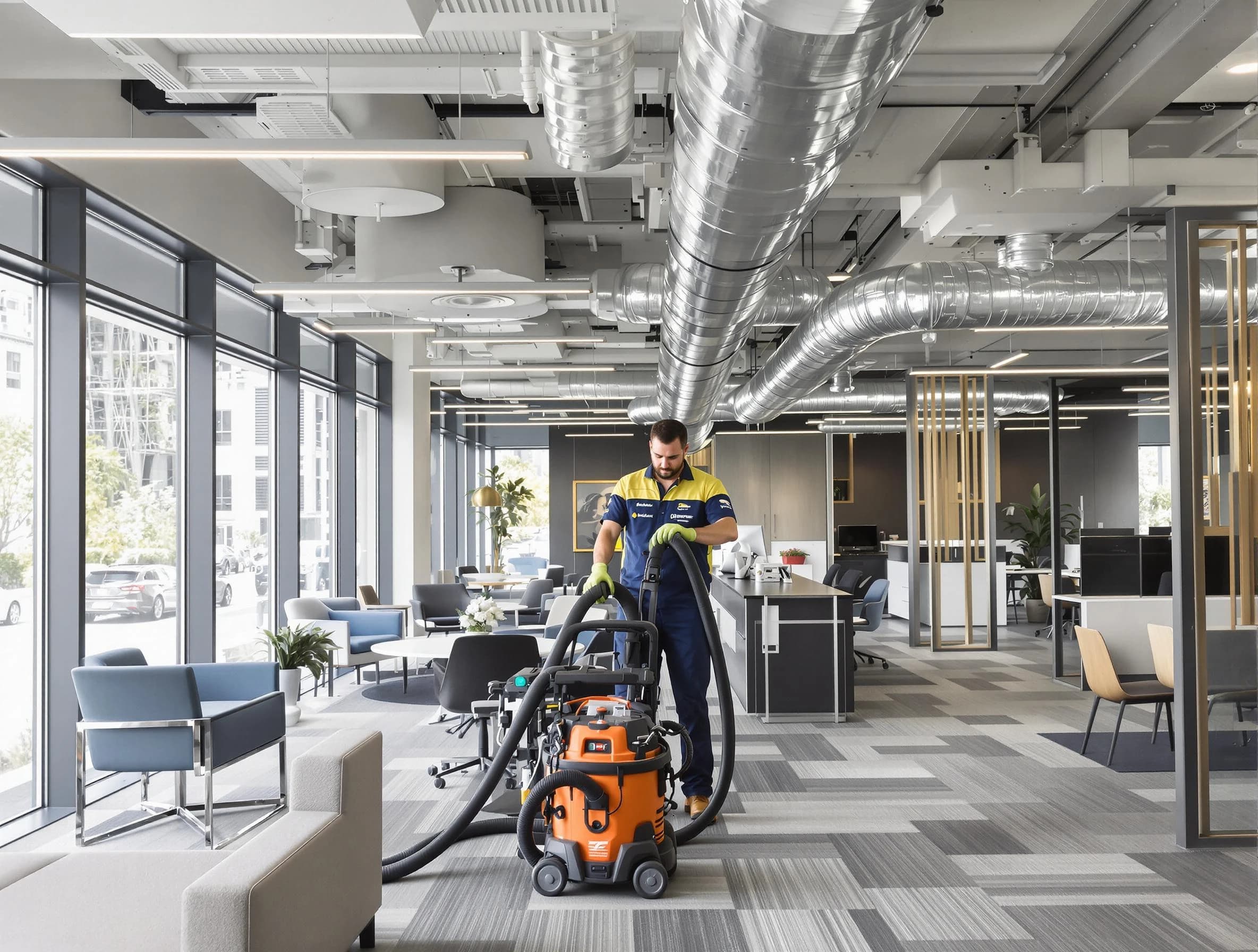 Morrow Air Duct Cleaning team performing thorough commercial duct cleaning at a Morrow business center